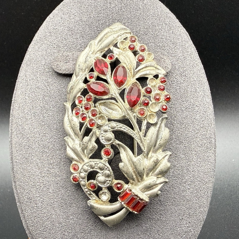 Vintage Paul Sargent Art Deco Silver Pot Metal Red Rhinestone Floral Brooch Pin